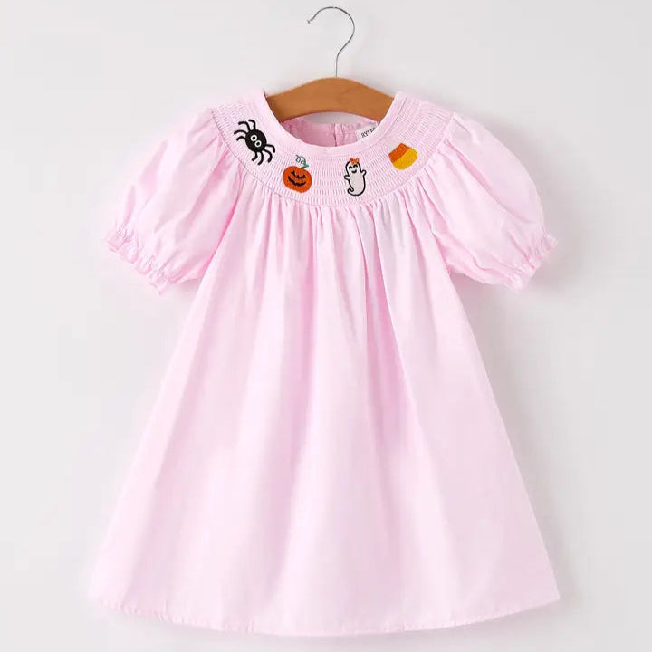 Fall Halloween Pink Spider Pumpkin Ghost machine Smock Embroidery Girl Dress