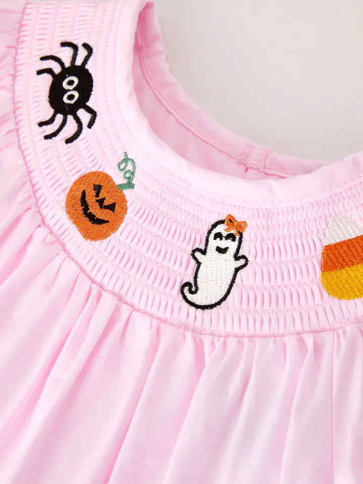 Fall Halloween Pink Spider Pumpkin Ghost machine Smock Embroidery Girl Dress