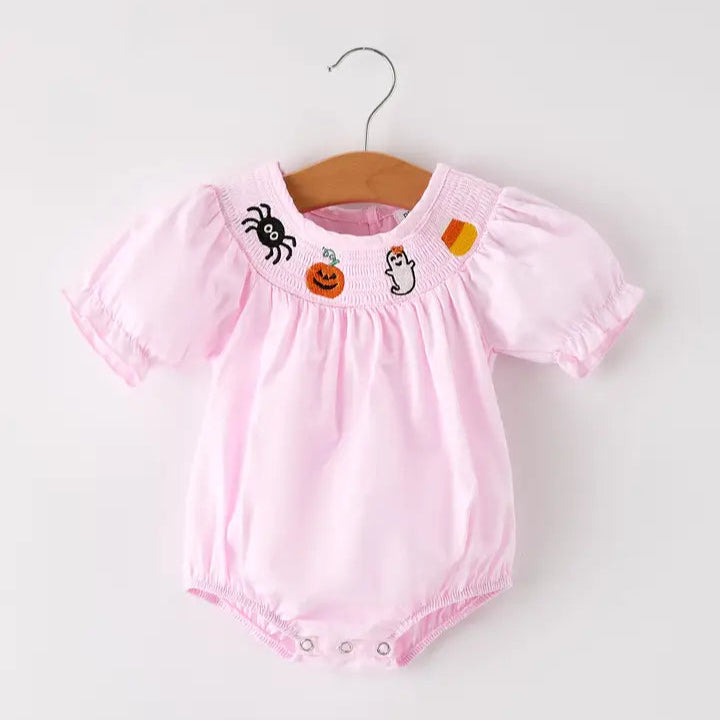 Fall Halloween Pink Spider Pumpkin Ghost Machine Smock Embroidery Baby Girl Romper