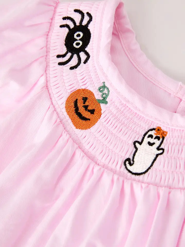 Fall Halloween Pink Spider Pumpkin Ghost Machine Smock Embroidery Baby Girl Romper