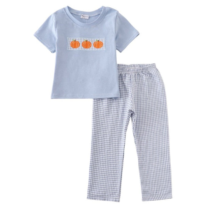 Blue Gingham Pumpkin Embroidery Boy Set