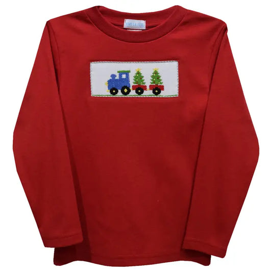 Christmas Train Smocked Red Knit Boys T-Shirt