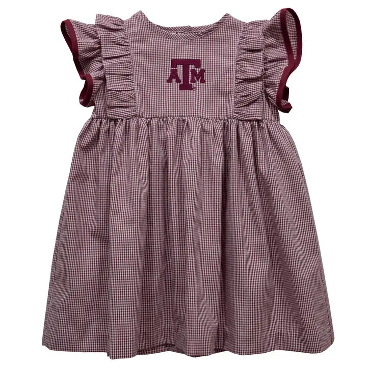 Texas A&M Aggies Embroid. Maroon Gingham Girls Ruffle Dress