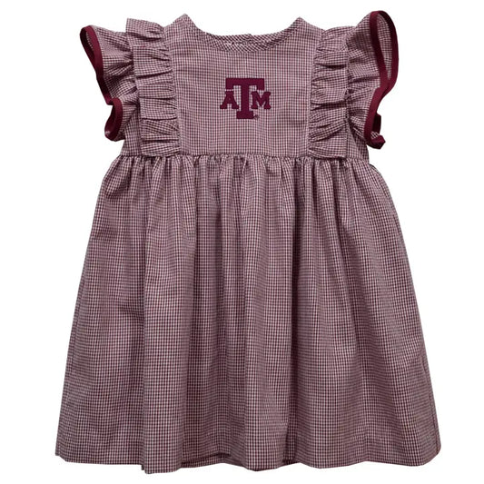 Texas A&M Aggies Embroid. Maroon Gingham Girls Ruffle Dress