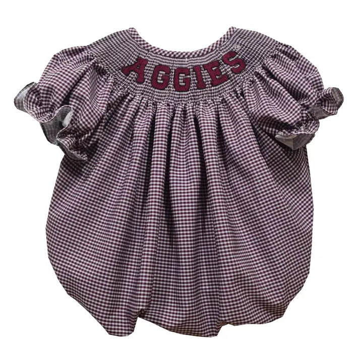 Texas A&M Aggies Smocked Maroon Gingham Short Sleeve Bubble