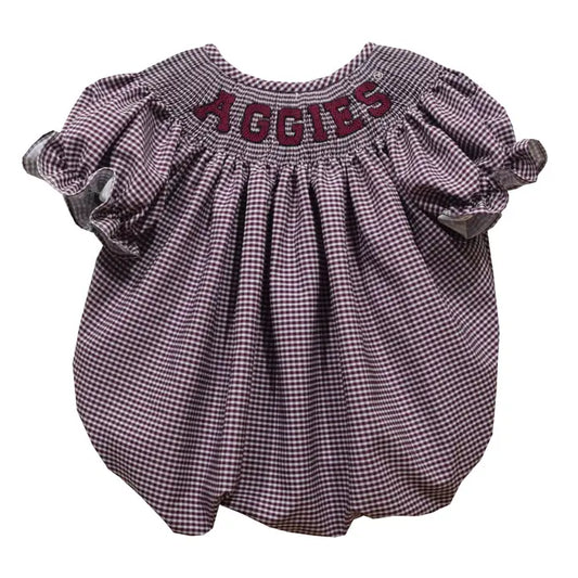 Texas A&M Aggies Smocked Maroon Gingham Short Sleeve Bubble