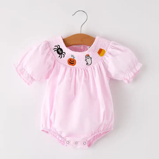 Fall Halloween Pink Spider Pumpkin Ghost Machine Smock Embroidery Baby Girl Romper