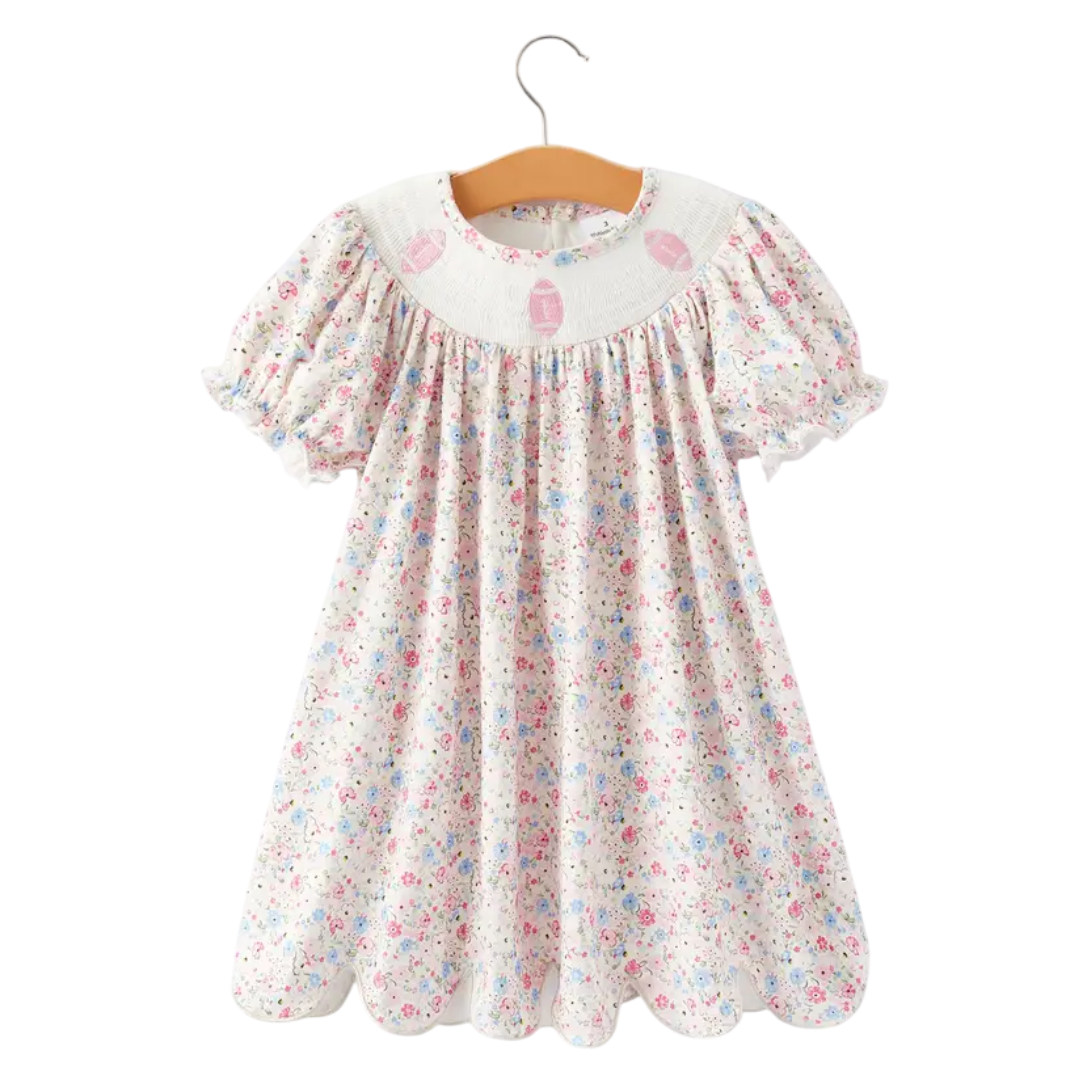 Football Smocked Embroidered Girls Dress