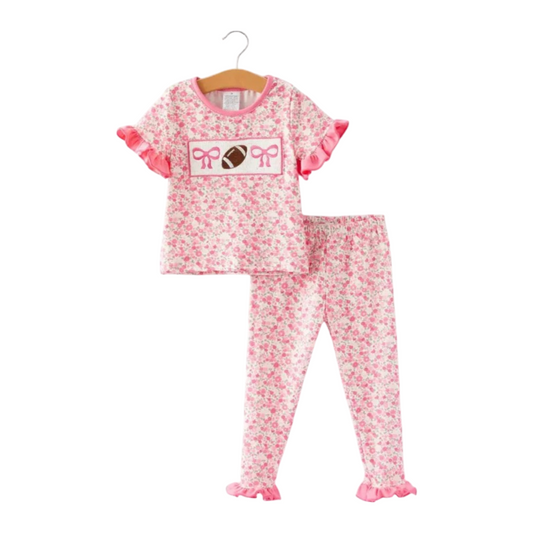 Football Smocking Bow Embroidered Girls Ruffle Outfit Set