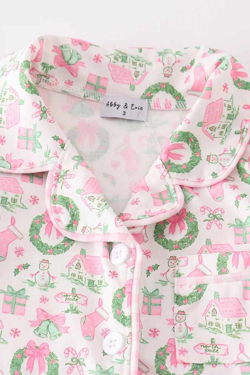 Pink Watercolor Christmas Print Girl Pajamas Set