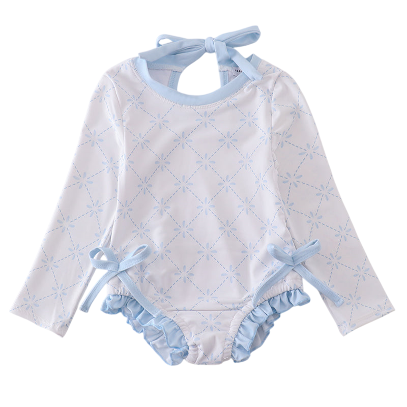 Blue Classic Lattice Rash Guard Swimsuit