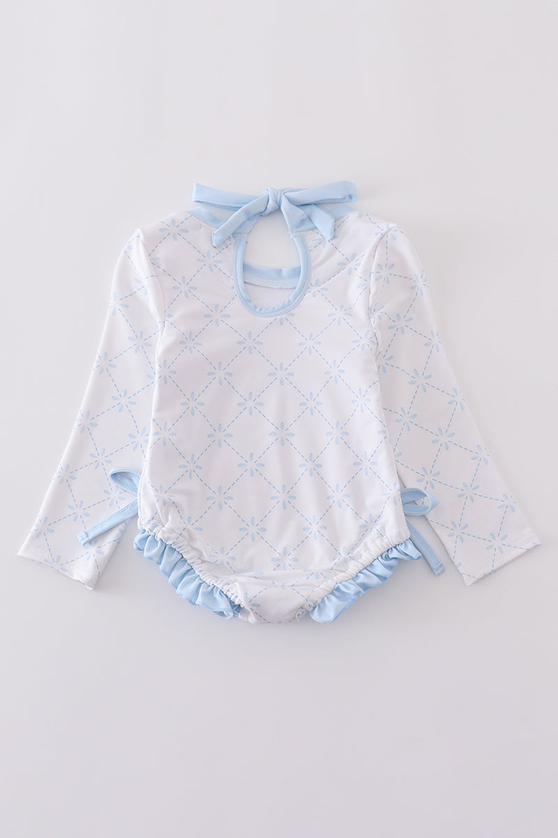 Blue Classic Lattice Rash Guard Swimsuit