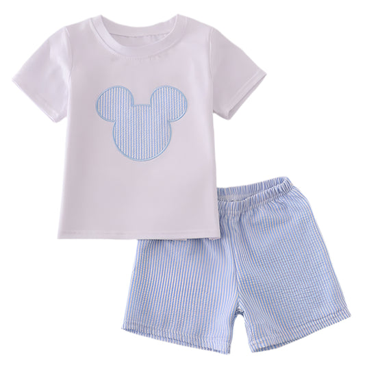 Blue Mouse Character Applique Shorts Set