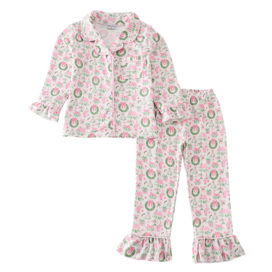 Pink Watercolor Christmas Print Girl Pajamas Set