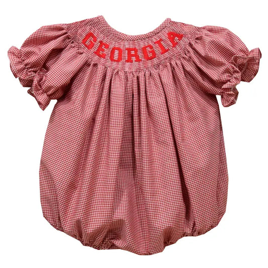 Georgia Smocked Red Gingham Short Sleeve Girl Bubble