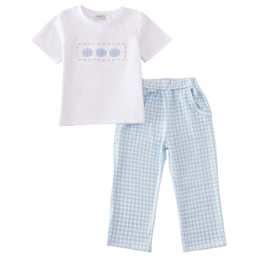 Blue Pumpkin Embroidery Plaid Boy Set
